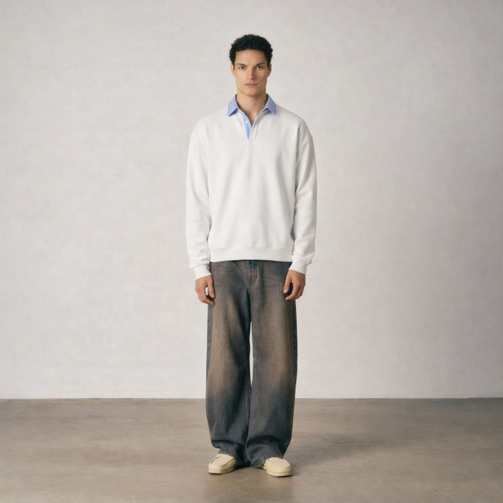 LONG SLEEVE POLO SWEATSHIRT – WHITE