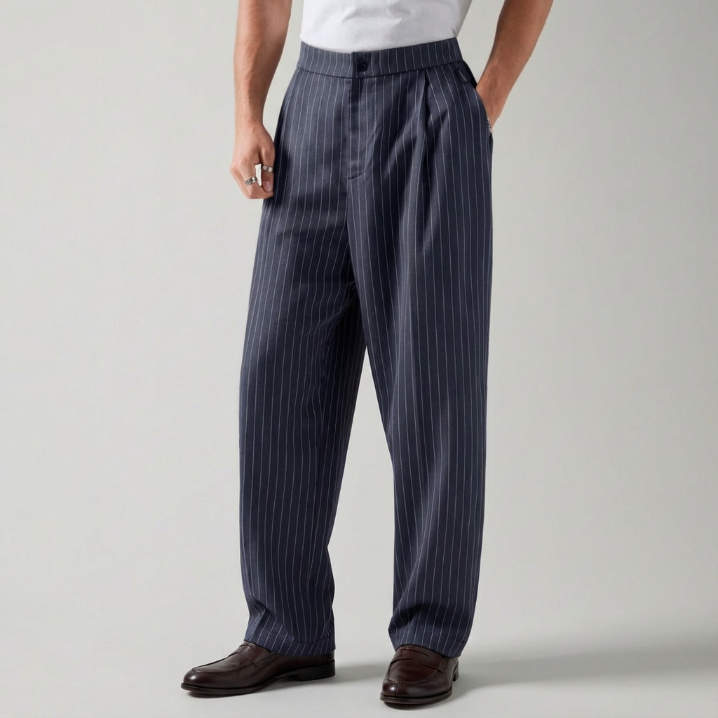 TAILORED PINSTRIPE PLEATED TROUSERS – NAVY