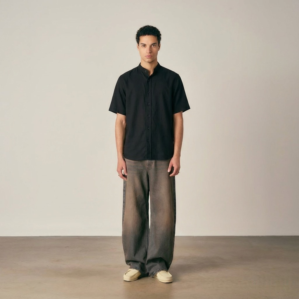 Black Oversized Linen Shirt — Printed