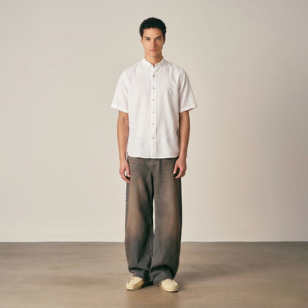 White Linen Oversized Shirt — Blue Print