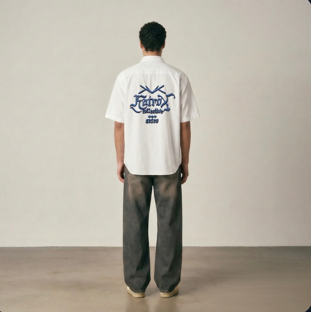 White Linen Oversized Shirt — Blue Print